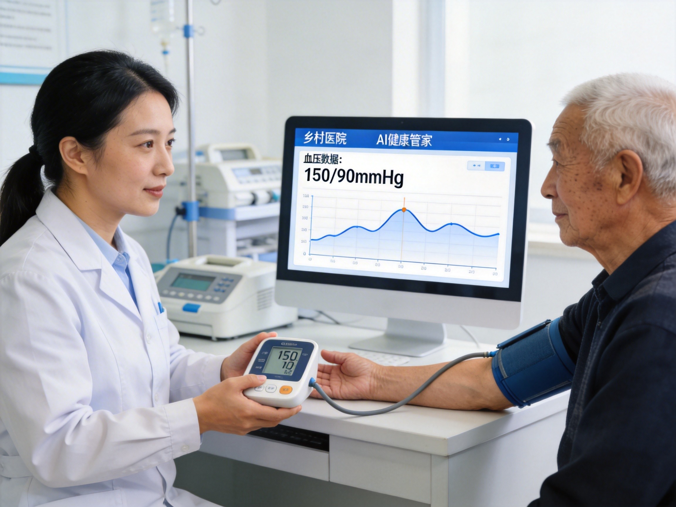 乡村医生使用AI健康管家为患者测量血压