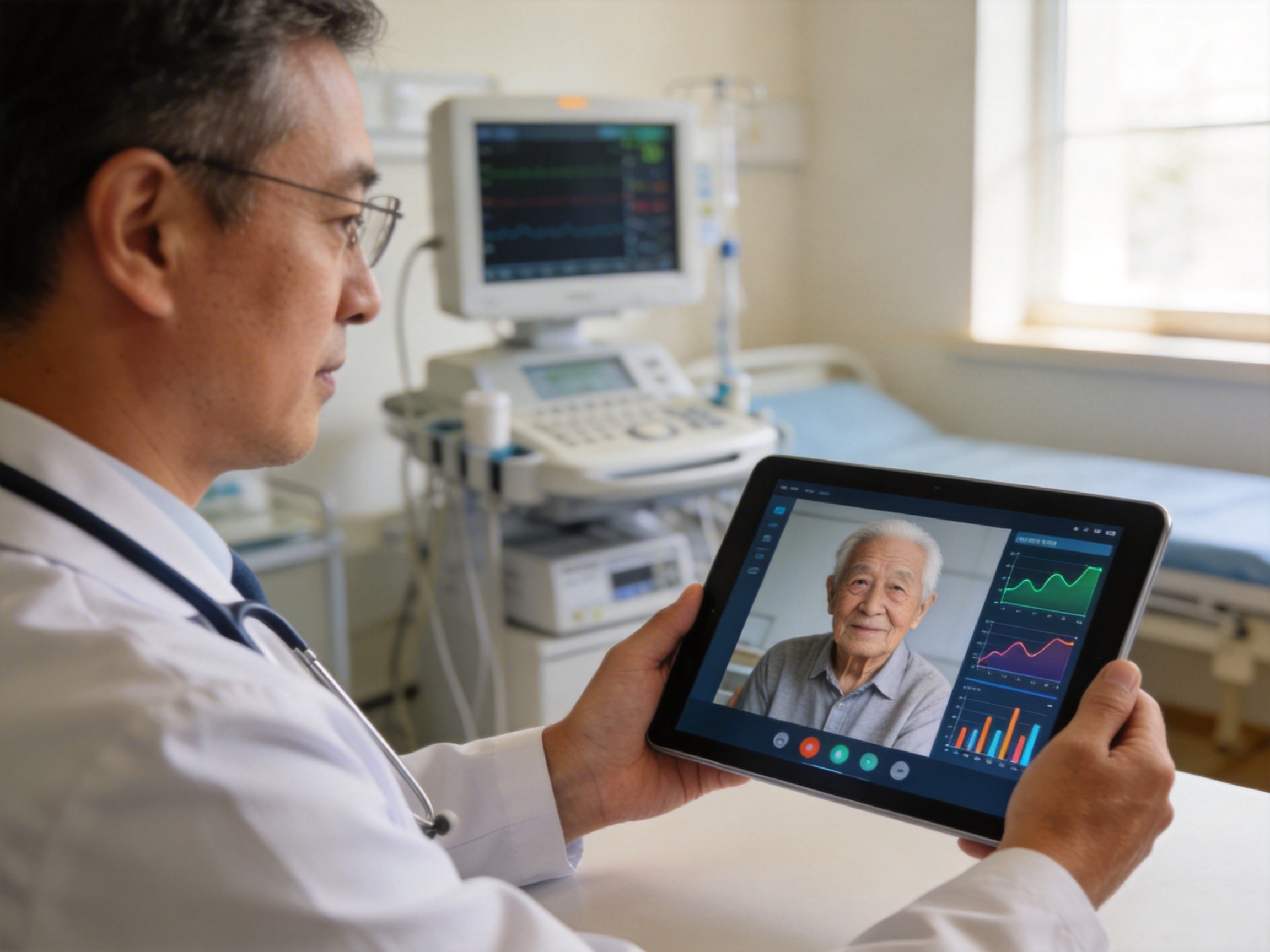 医生通过平板电脑为老年患者进行远程健康随访