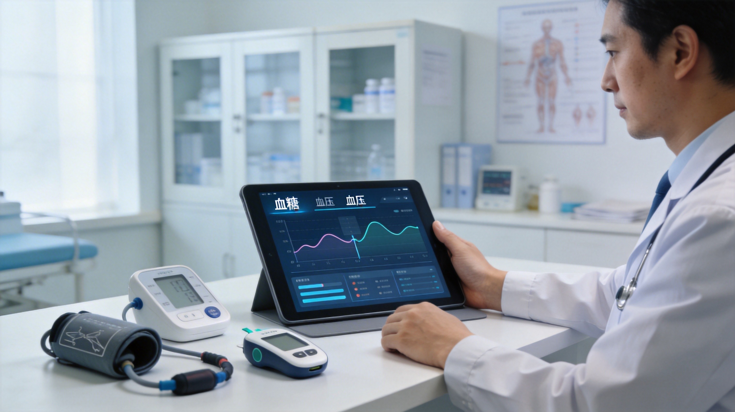 医生使用AI系统监测患者数据