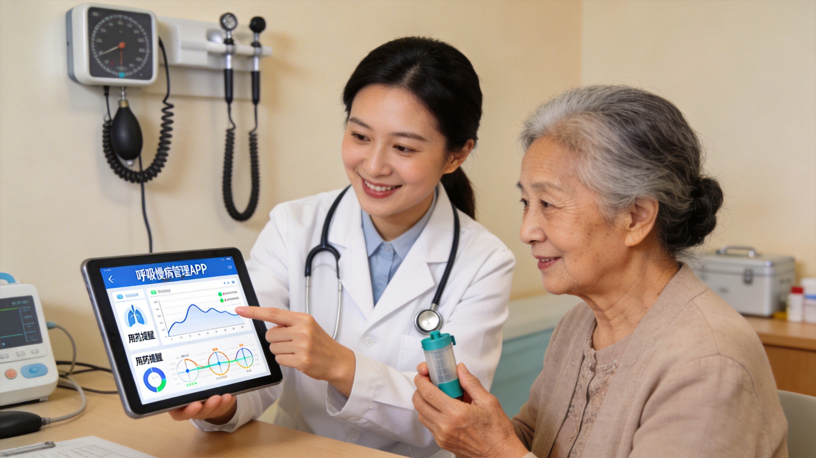 家庭医生使用AI系统为患者展示健康数据