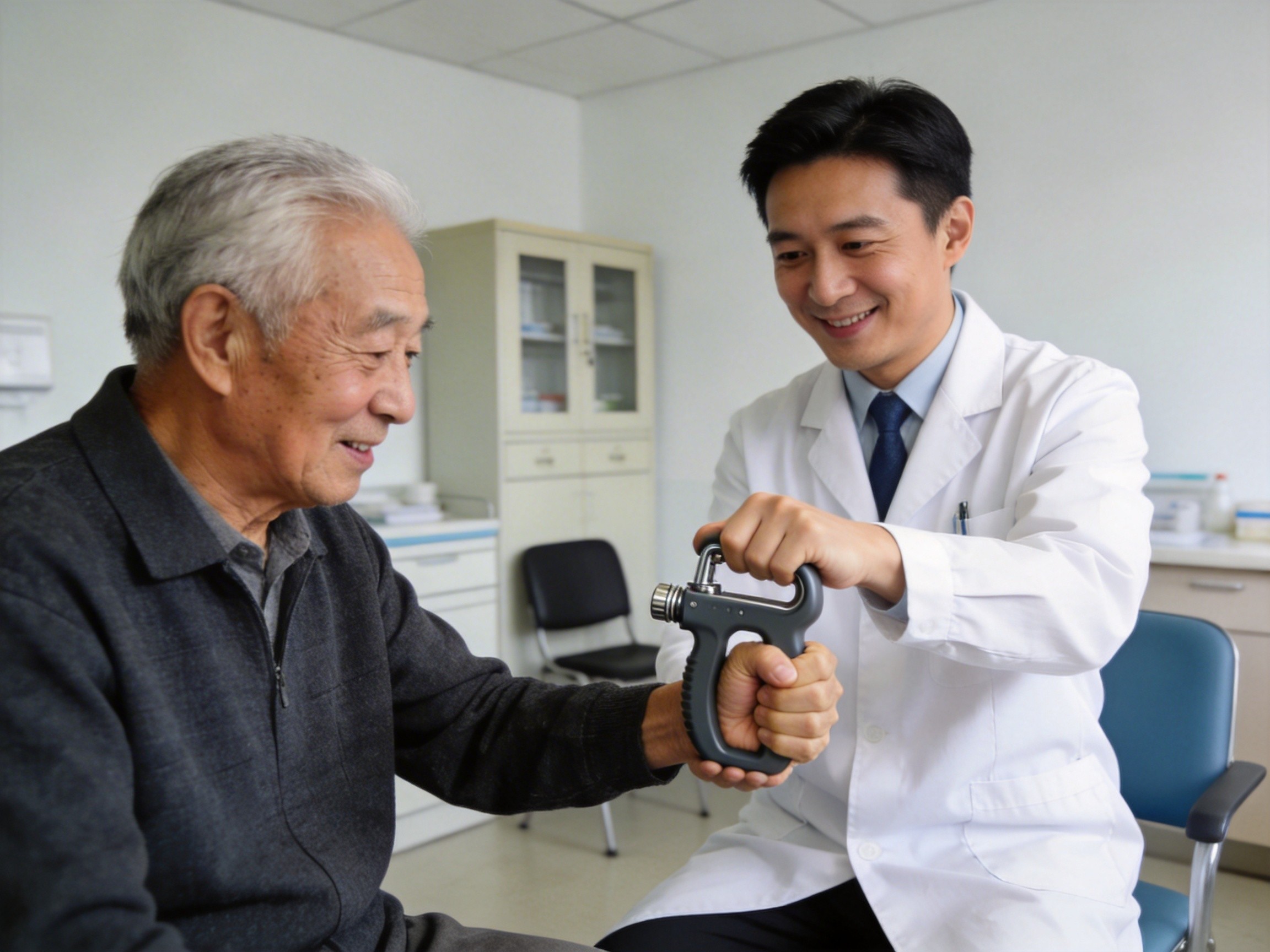 基层医生为患者进行握力测试