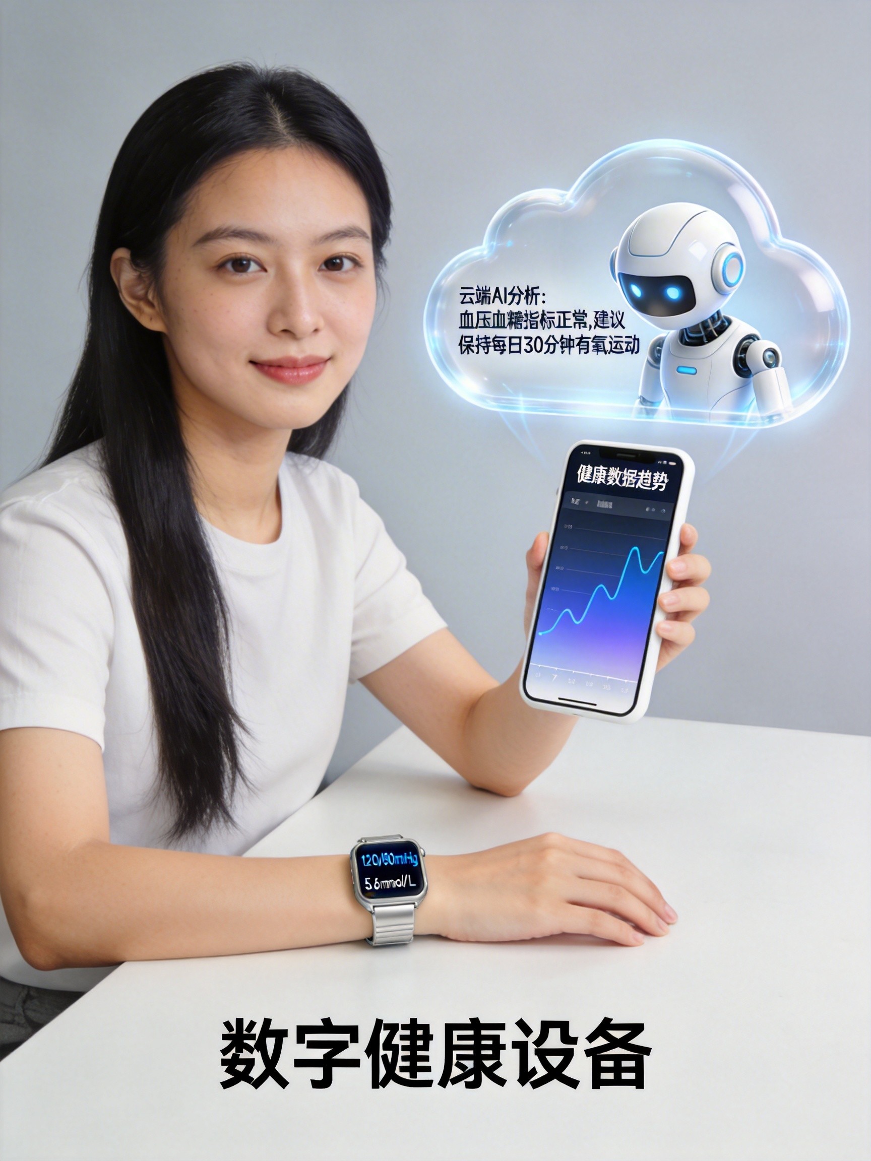 数字健康设备概念图:可穿戴手环、手机数据、云端AI